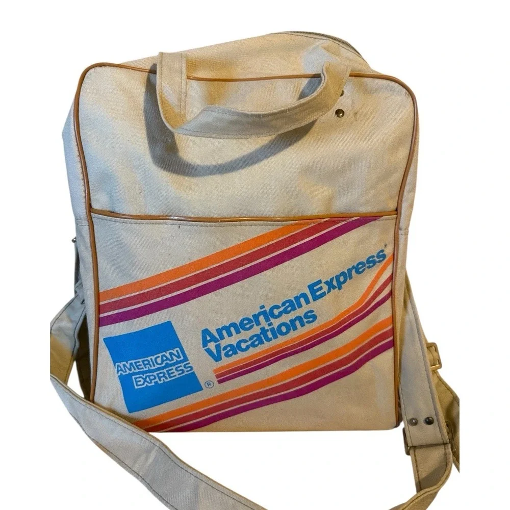 Vintage American Express Travel Agent Carry On Luggage Airline Bag 70's Tan